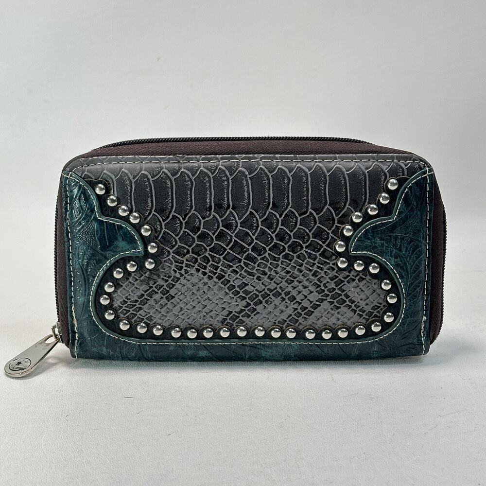 P&G Clutch Wallet Women Gray Teal Faux Croc Embossed Leather Trifold Clutch